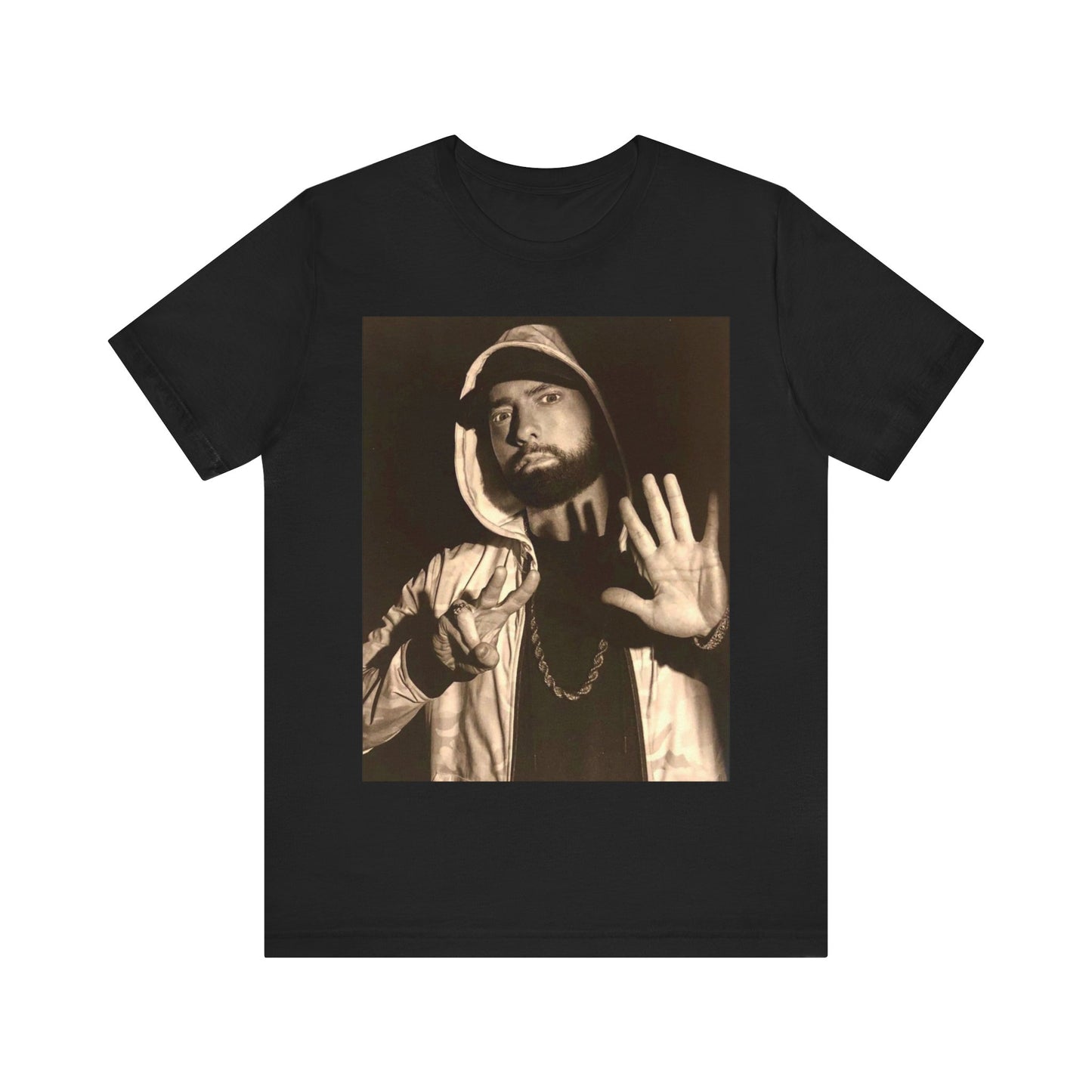 A black graphic t-shirt featuring a graphic of Eminem as an authentic underground rap icon.
