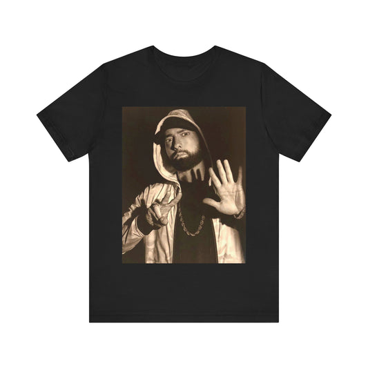 A black graphic t-shirt featuring a graphic of Eminem as an authentic underground rap icon.