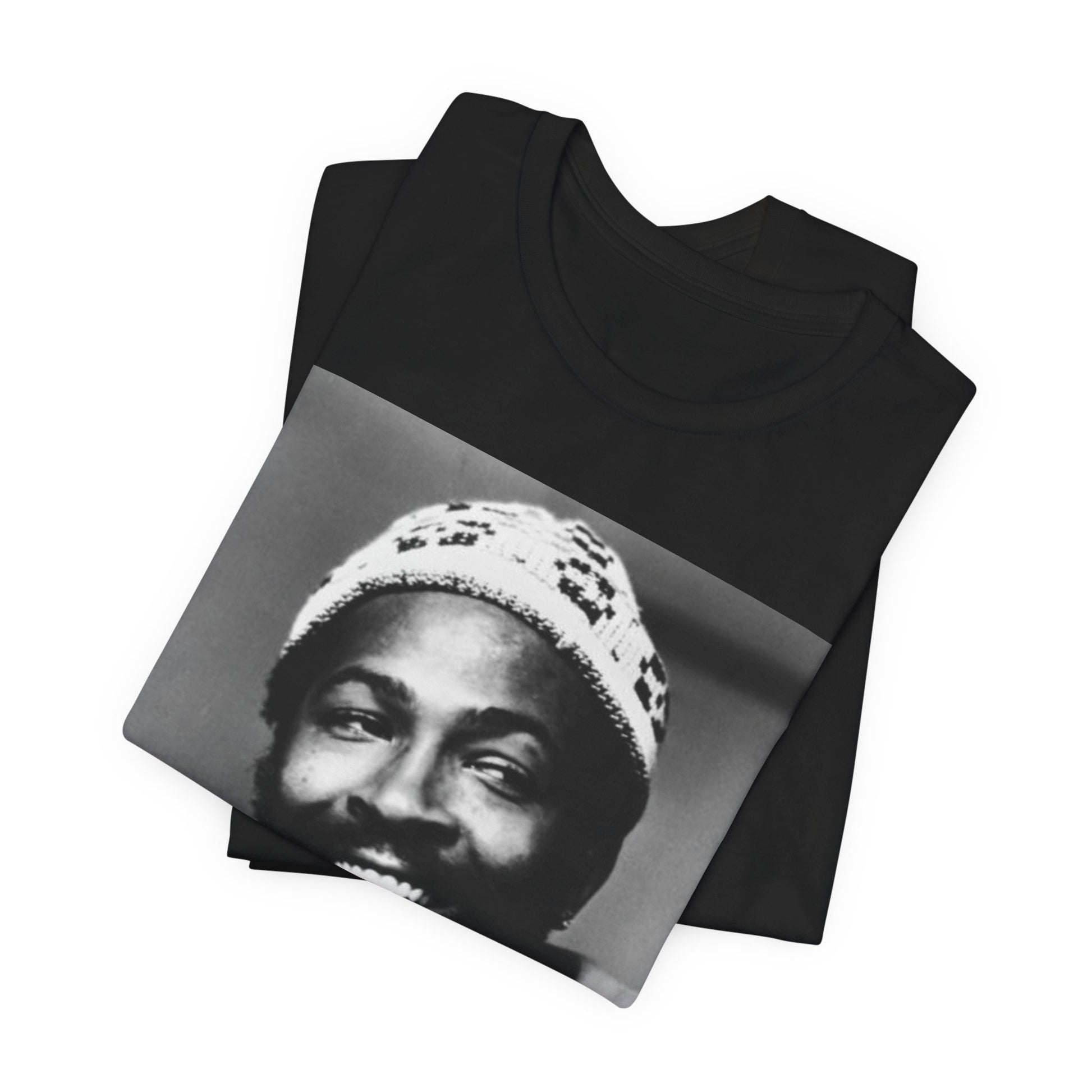 A black graphic t-shirt featuring a 70s retro portrait graphic of Marvin Gaye.