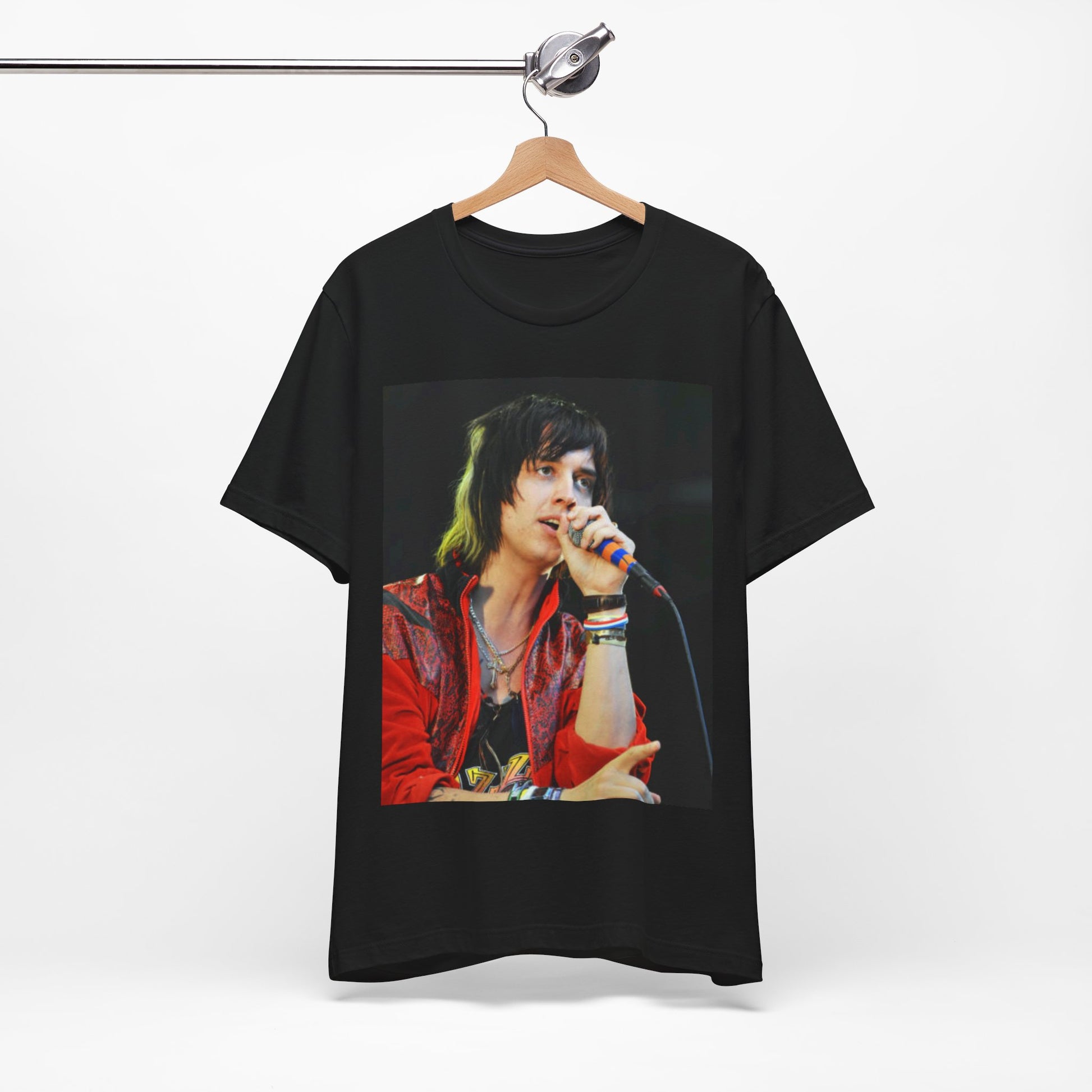 A black graphic t-shirt featuring a vintage indie rock graphic of The Strokes.