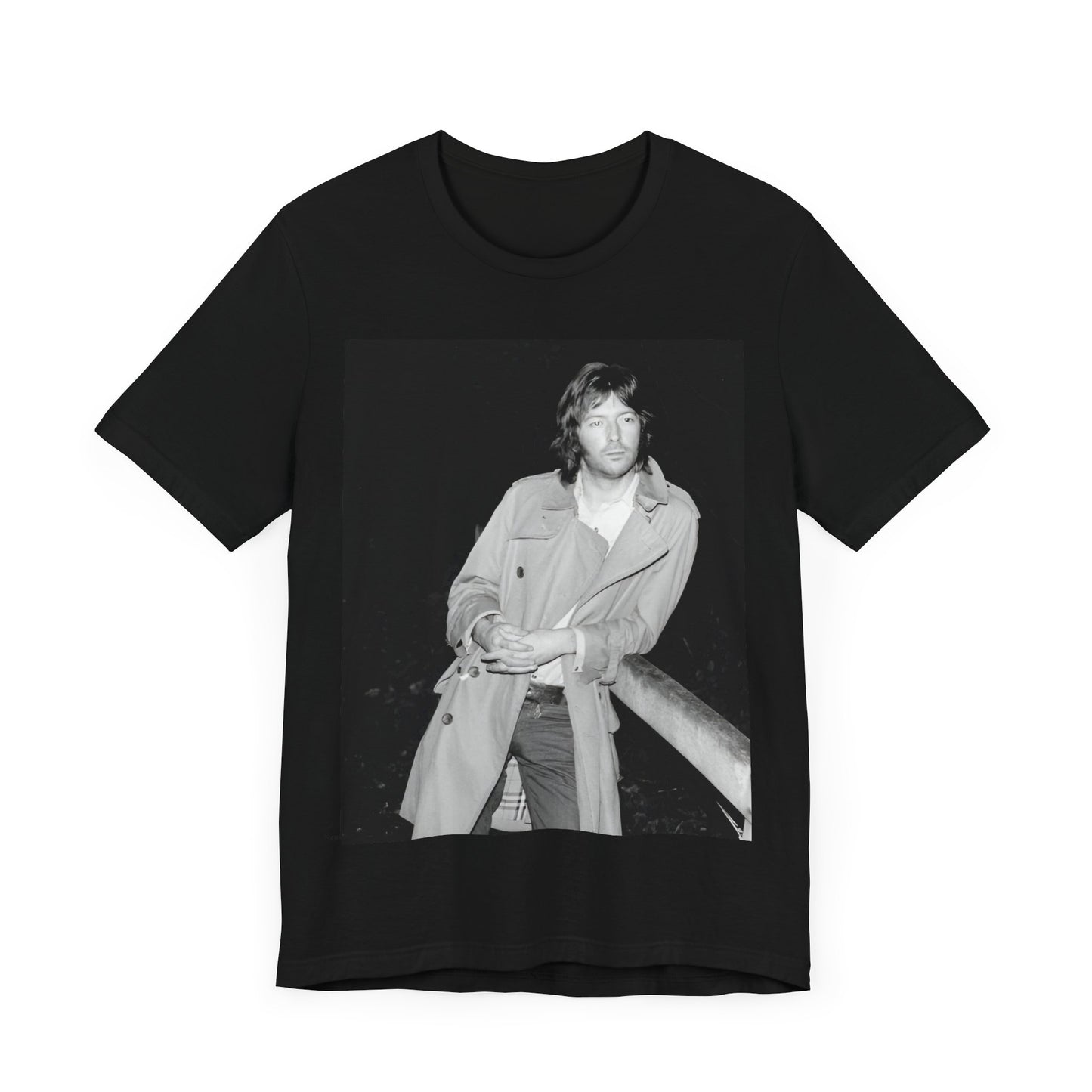 A black graphic t-shirt featuring a retro graphic of Eric Clapton as a blues master.