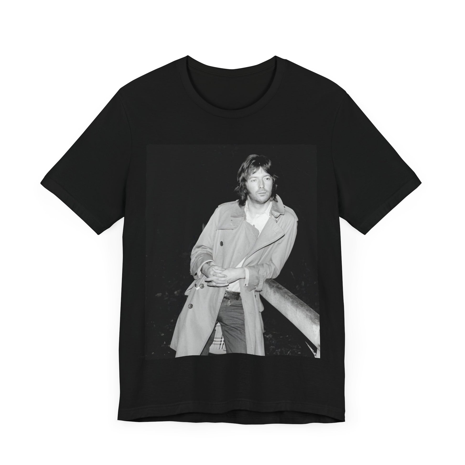 A black graphic t-shirt featuring a retro graphic of Eric Clapton as a blues master.