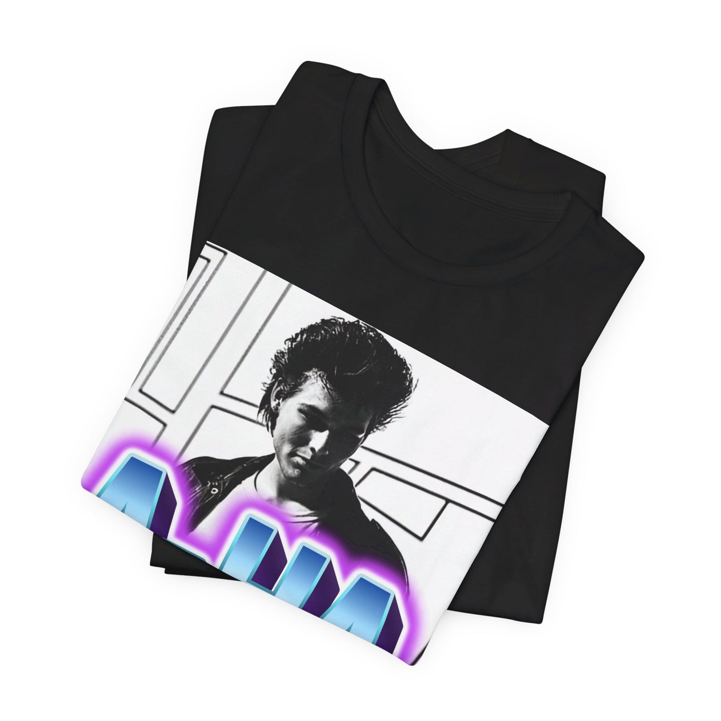 A black graphic t-shirt featuring a vintage 80s black and white photo of the band A-HA, capturing their iconic look.