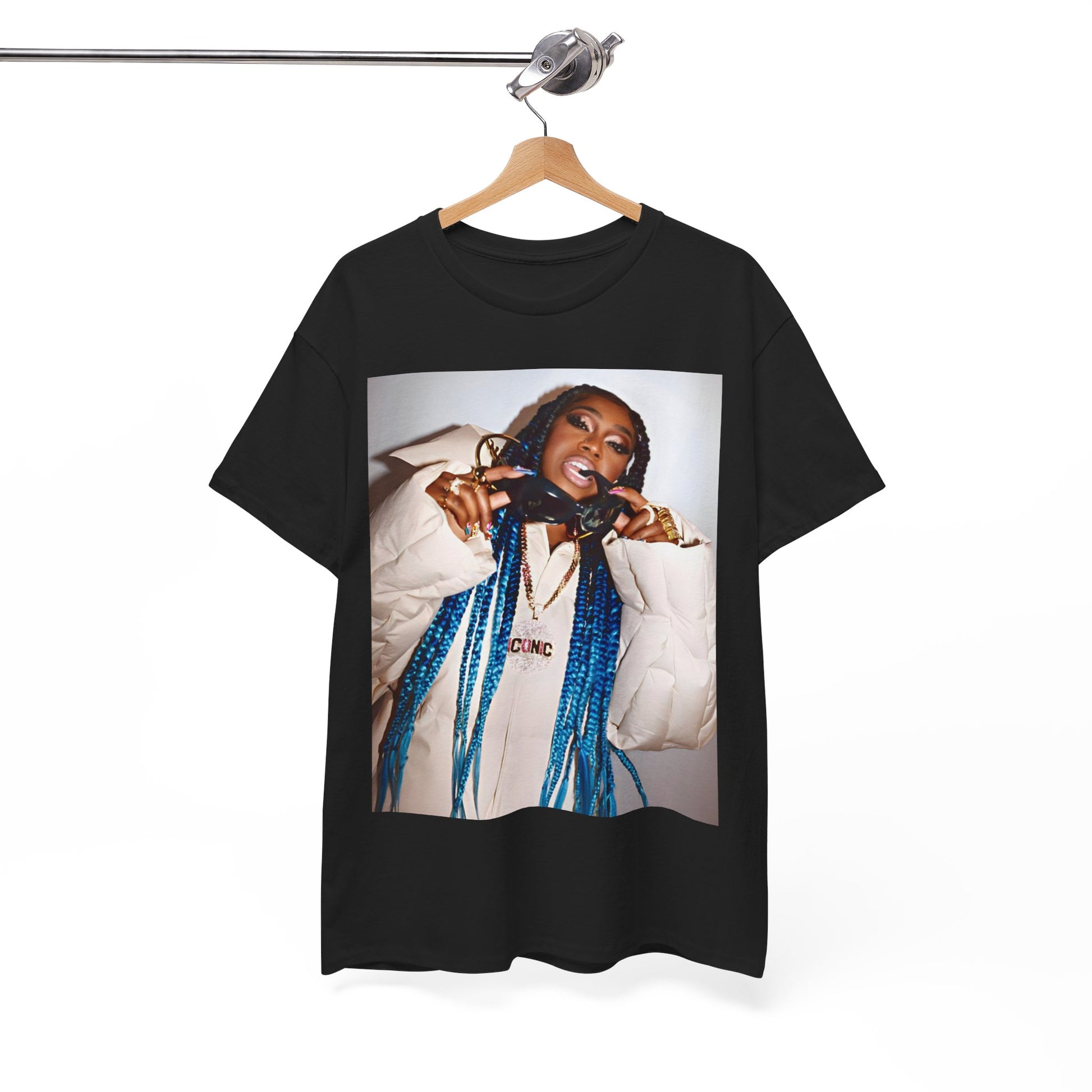 A black graphic t-shirt featuring a retro graphic related to Missy Elliott's 'Supa Dupa Fly' album era.