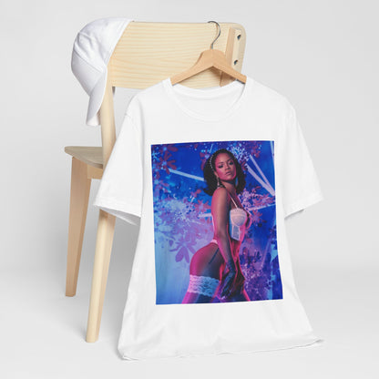 A black graphic t-shirt featuring a graphic of Rihanna as a lingerie goddess.