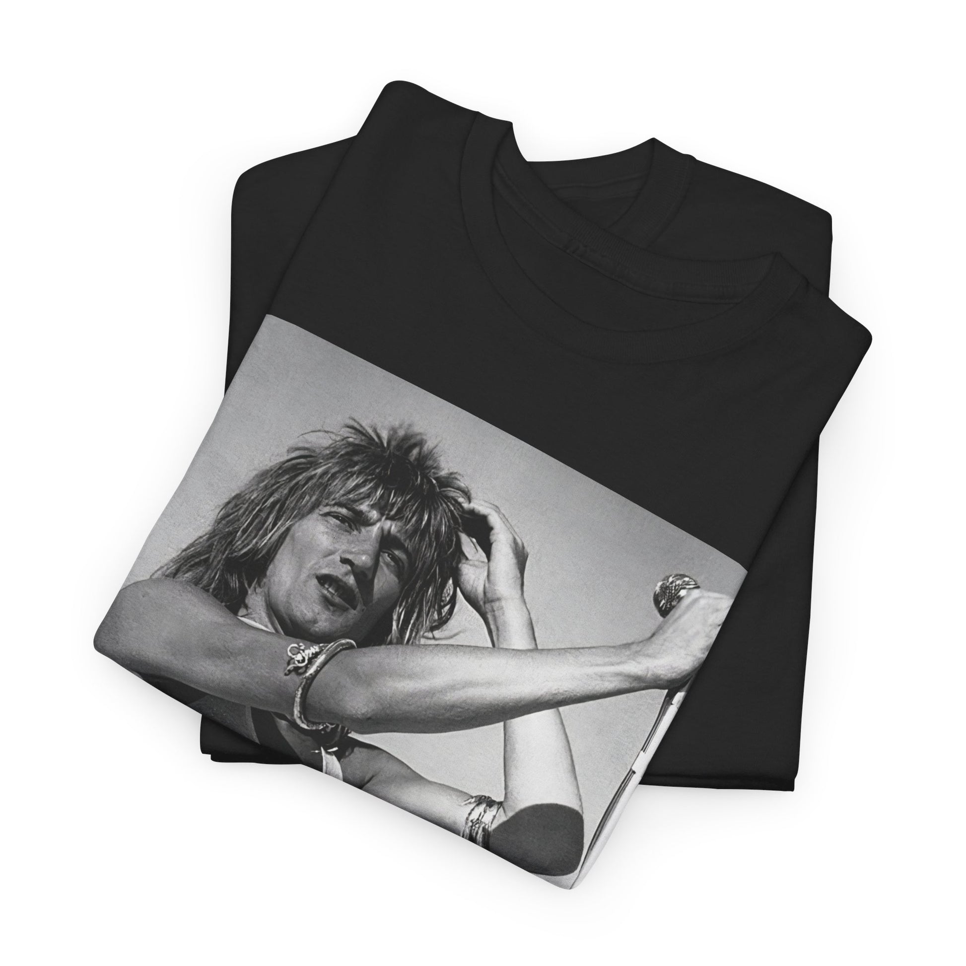 A black graphic t-shirt featuring a vintage black and white graphic or photo of Rod Stewart on tour.