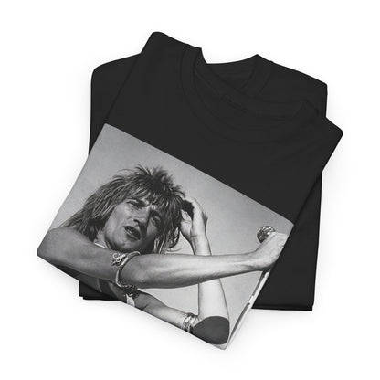 A black graphic t-shirt featuring a vintage black and white graphic or photo of Rod Stewart on tour.