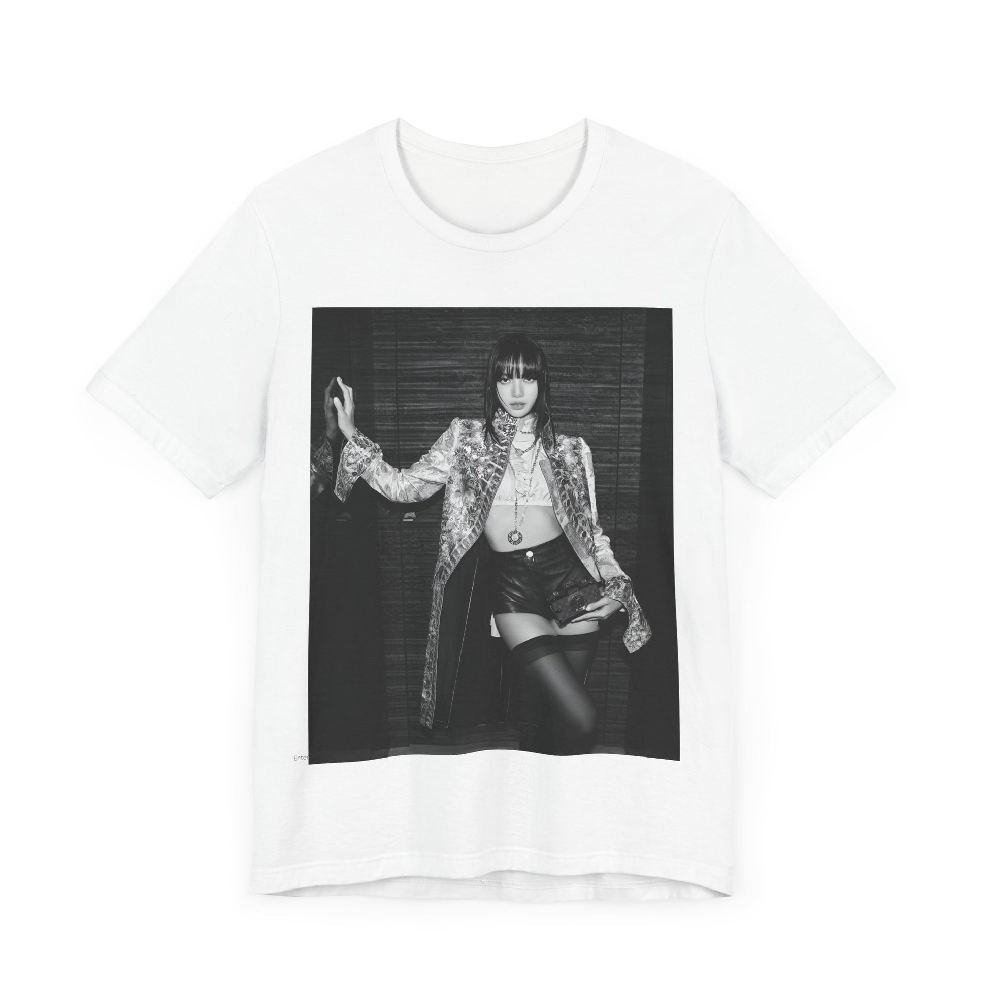 A black graphic t-shirt featuring a black and white, monochrome graphic or photo of Lisa.