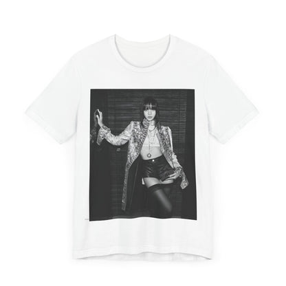 A black graphic t-shirt featuring a black and white, monochrome graphic or photo of Lisa.