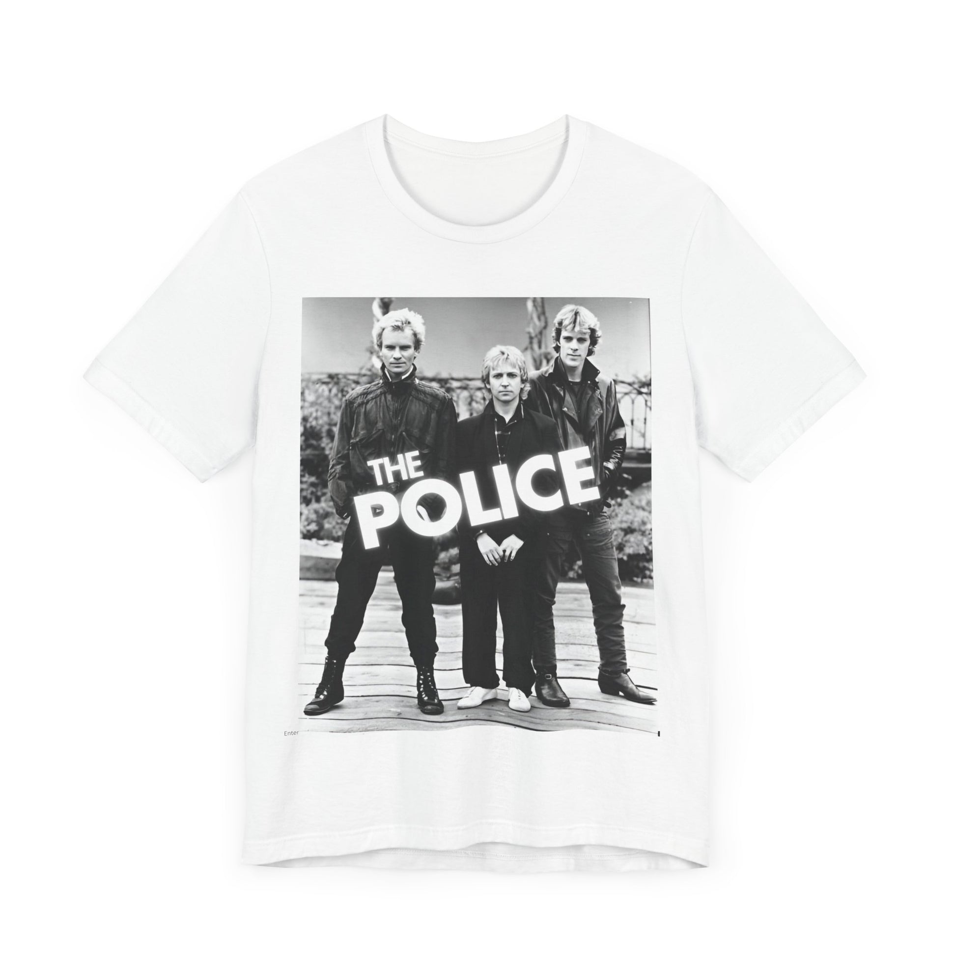 A black graphic t-shirt featuring an 80s pop rock aesthetic black and white graphic of The Police.