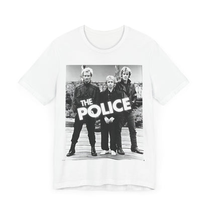 A black graphic t-shirt featuring an 80s pop rock aesthetic black and white graphic of The Police.