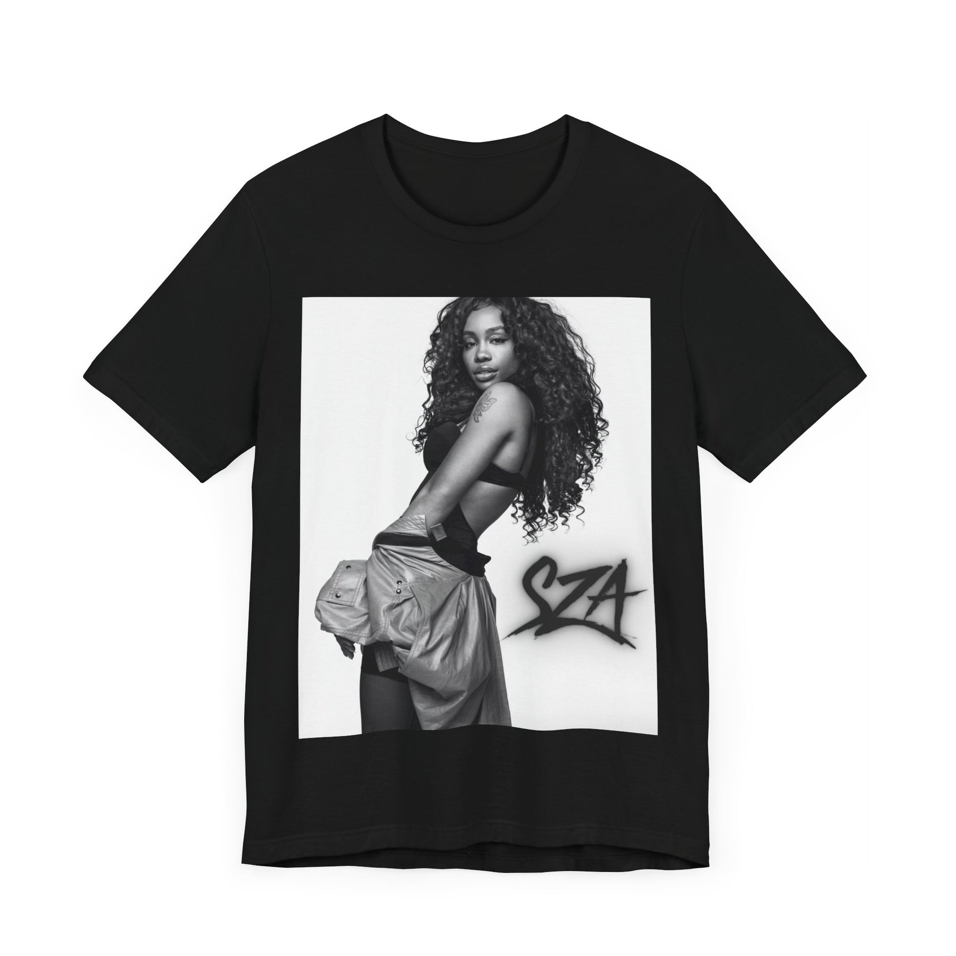 A black graphic t-shirt featuring a black and white portrait photo of SZA.