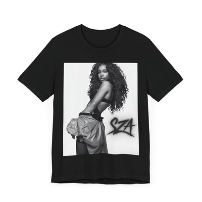 A black graphic t-shirt featuring a black and white portrait photo of SZA.