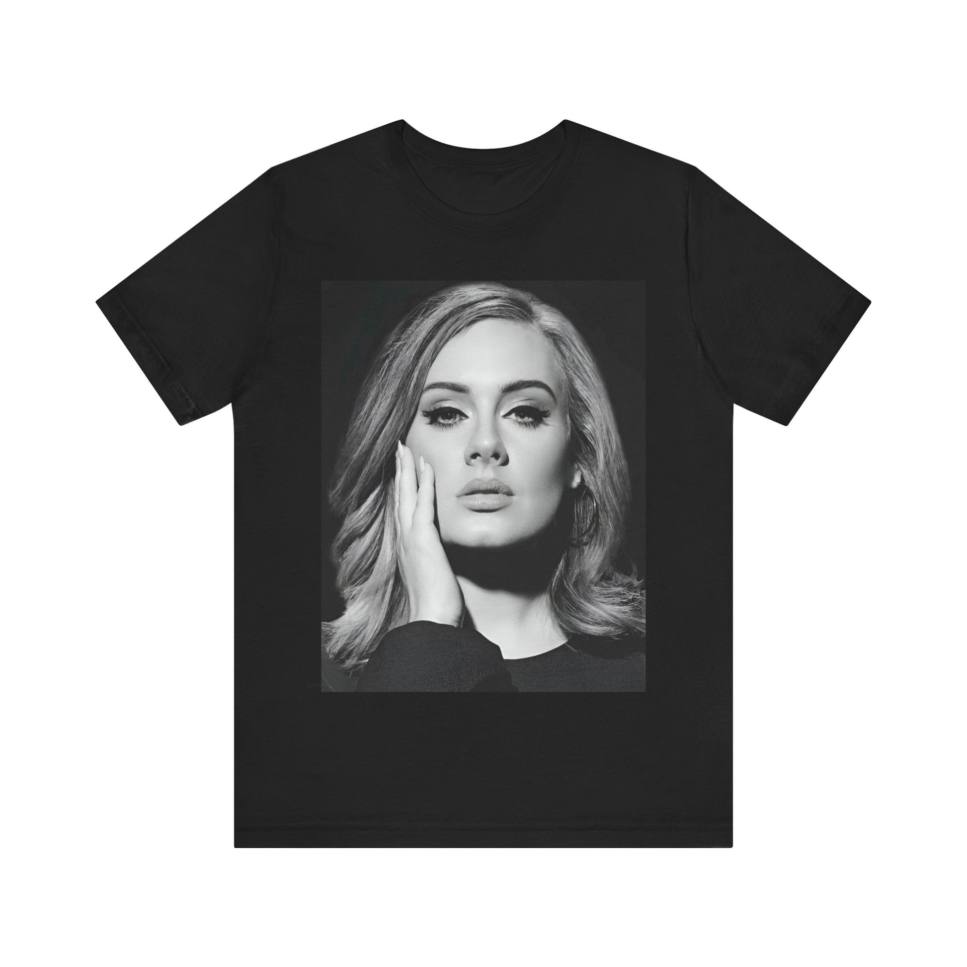 A black graphic t-shirt featuring a studio portrait of Adele from her '25' album era, showing a poised and thoughtful expression with her hair styled elegantly.