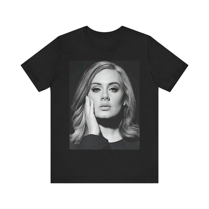 A black graphic t-shirt featuring a studio portrait of Adele from her '25' album era, showing a poised and thoughtful expression with her hair styled elegantly.
