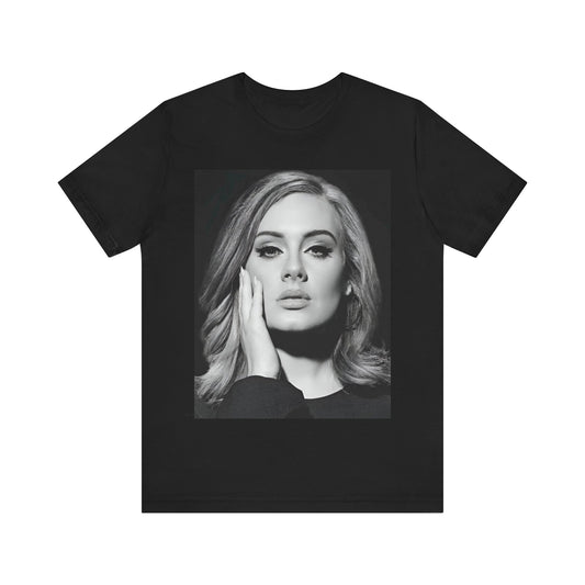 A black graphic t-shirt featuring a studio portrait of Adele from her '25' album era, showing a poised and thoughtful expression with her hair styled elegantly.