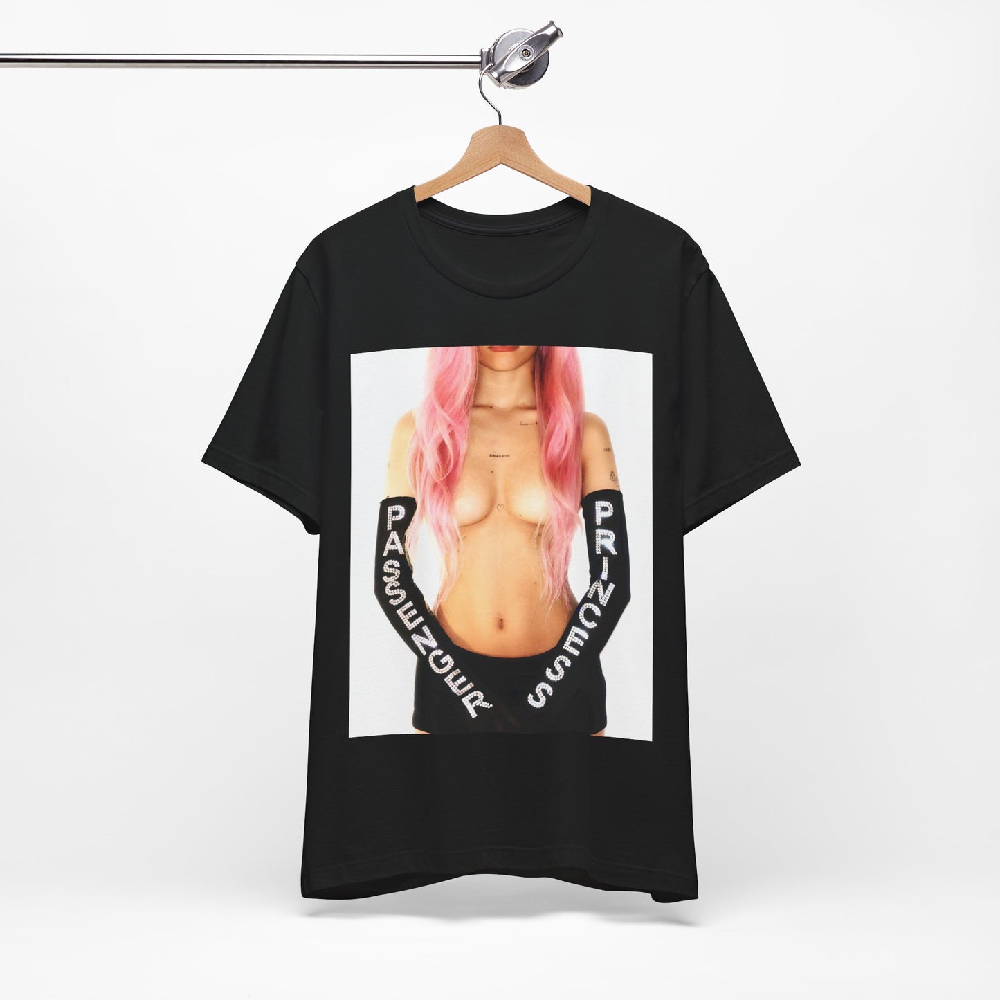 A black graphic t-shirt featuring a graphic of Nessa Barrett with a 'Passenger Princess' theme.