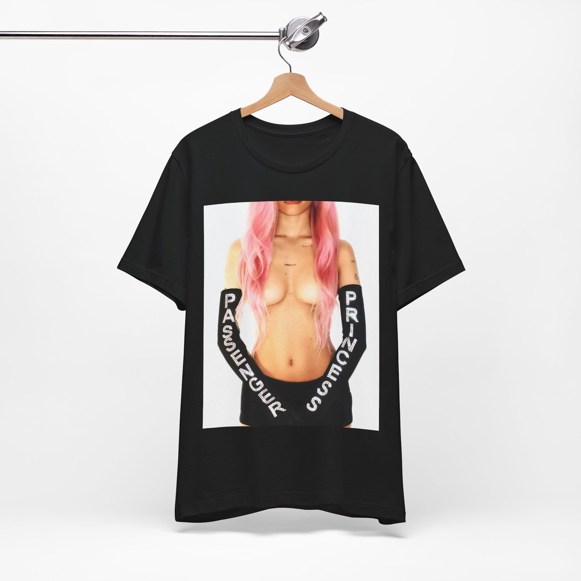 A black graphic t-shirt featuring a graphic of Nessa Barrett with a 'Passenger Princess' theme.