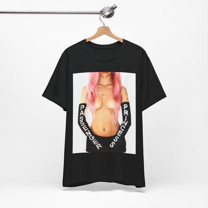 A black graphic t-shirt featuring a graphic of Nessa Barrett with a 'Passenger Princess' theme.