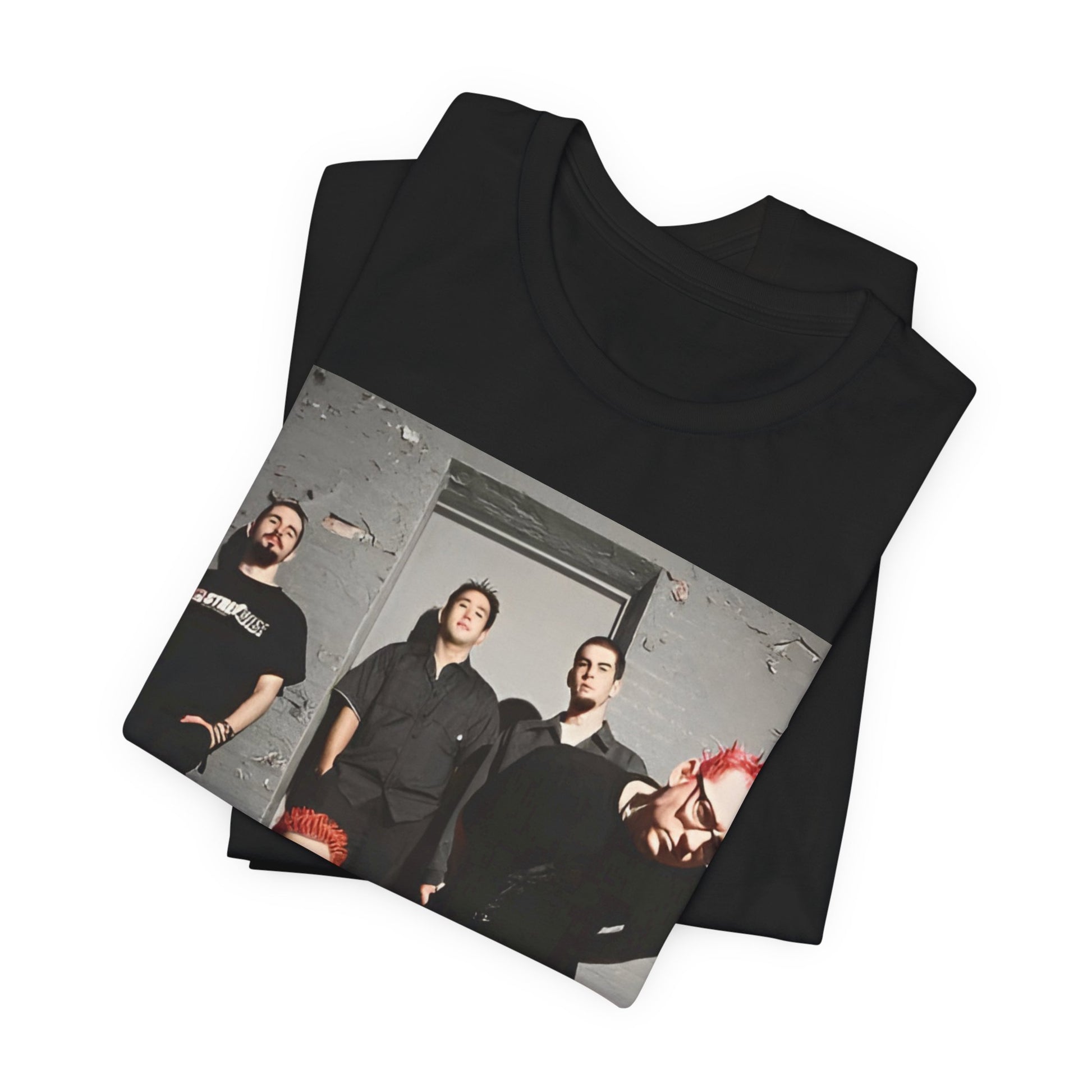A black graphic t-shirt featuring a retro alt rock band graphic of Linkin Park.