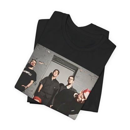 A black graphic t-shirt featuring a retro alt rock band graphic of Linkin Park.