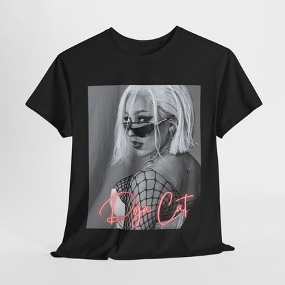 A black graphic t-shirt featuring a black and white portrait photo of Doja Cat.