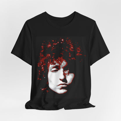 A black graphic t-shirt featuring a graphic related to Bob Dylan's 'Blood on the Tracks' album era, possibly with album art elements.