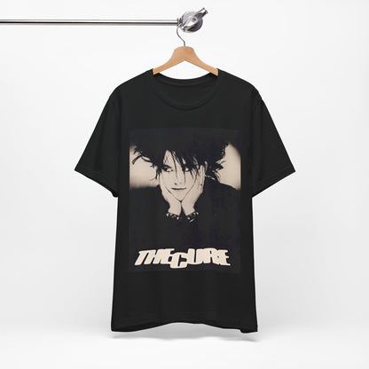 A black graphic t-shirt featuring a graphic of The Cure with cool new wave vibes.