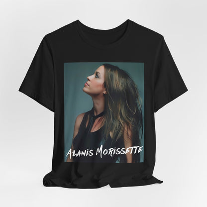 A black graphic t-shirt featuring a retro-style graphic of Alanis Morissette, possibly with her signature or a unique artistic interpretation.