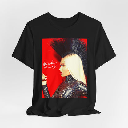 A black graphic t-shirt featuring a graphic of Nicki Minaj as a female rap pioneer.