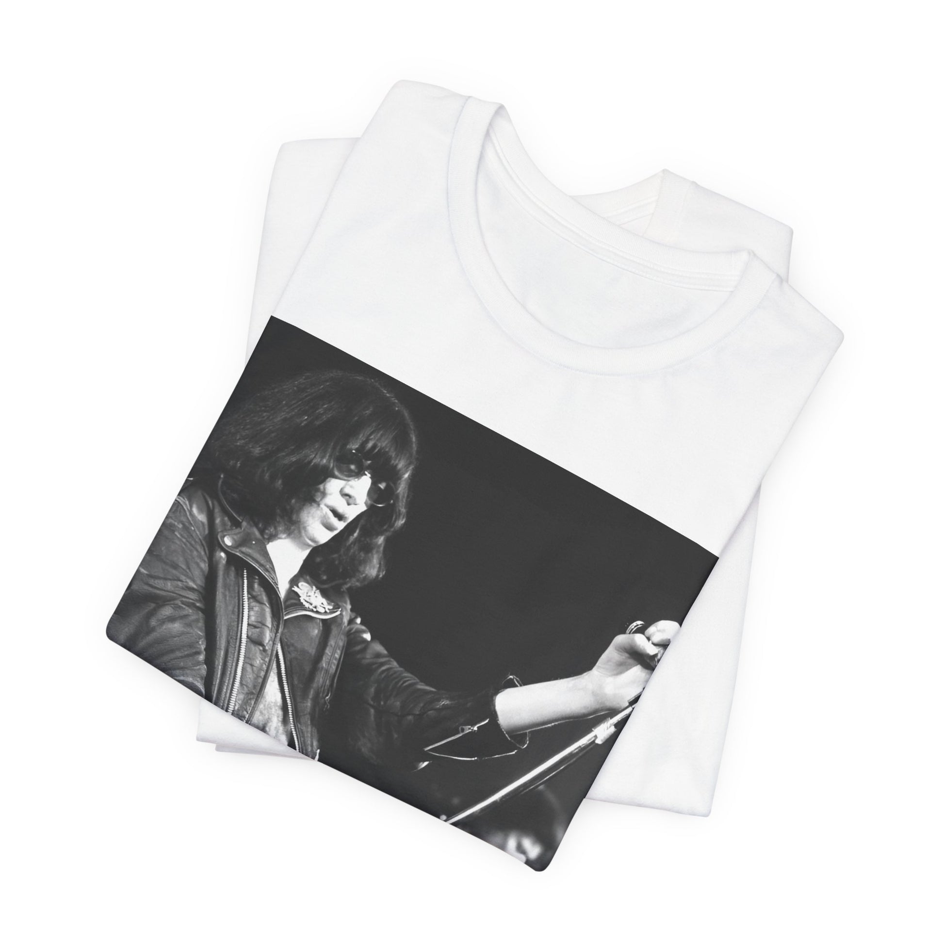 A black graphic t-shirt featuring a graphic of Joey Ramone from Ramones as the Godfather of Punk.