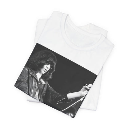 A black graphic t-shirt featuring a graphic of Joey Ramone from Ramones as the Godfather of Punk.