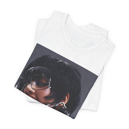 A black graphic t-shirt featuring a vintage K-Pop icon graphic of Lisa.
