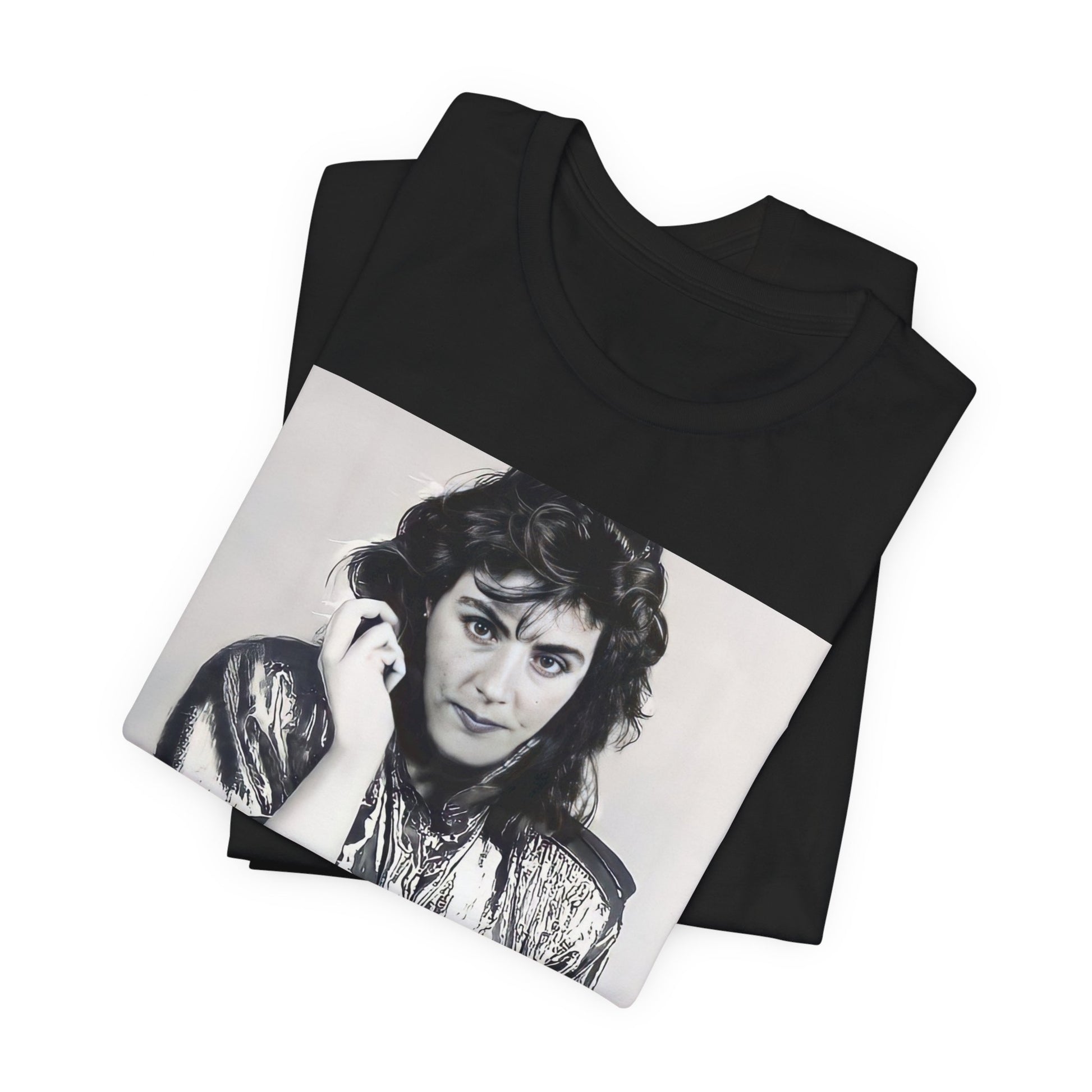A black graphic t-shirt featuring a retro graphic related to Laura Branigan's 'Gloria' song or era.