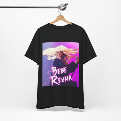 A black graphic t-shirt featuring a dynamic graphic or photo of Bebe Rexha performing live in concert.