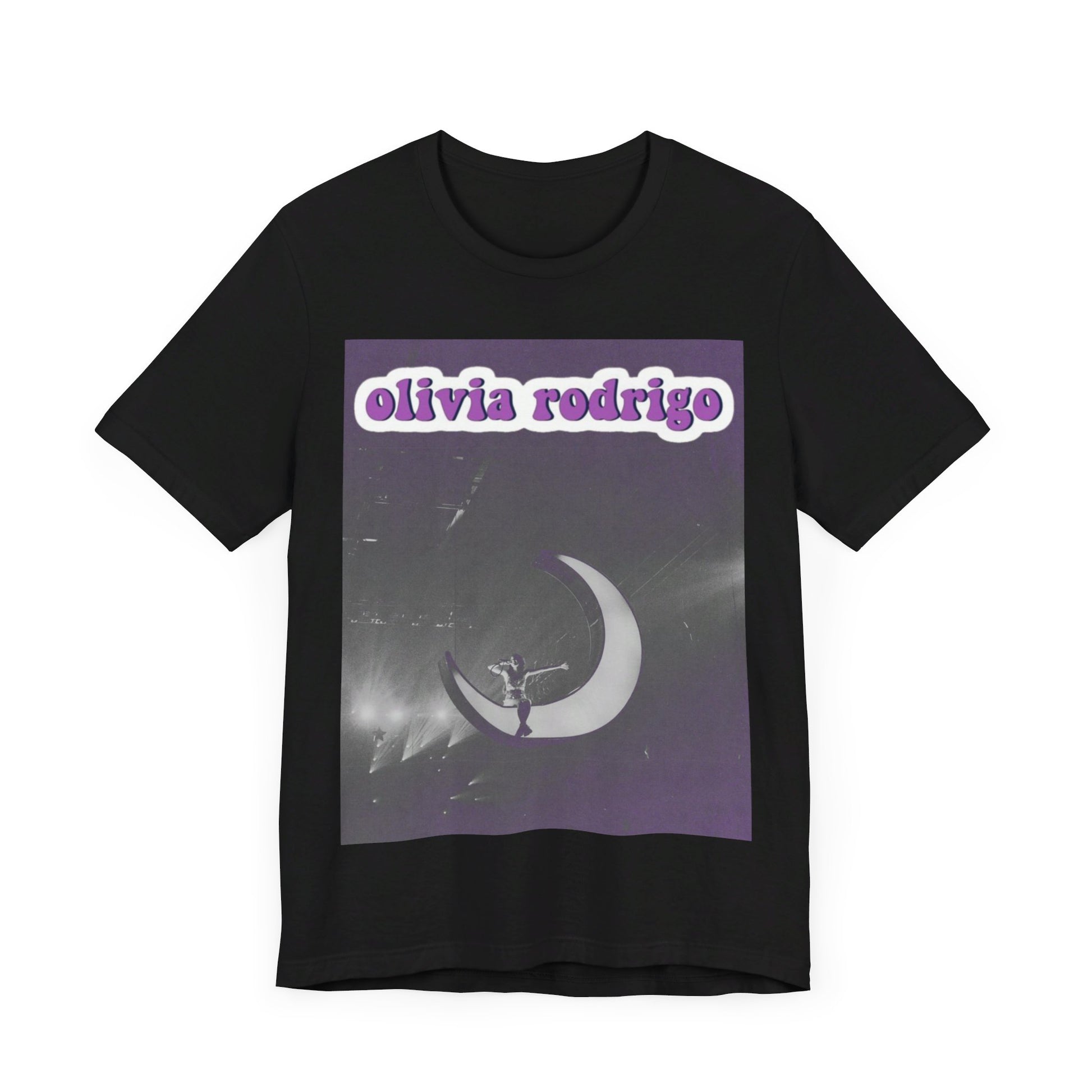 A black graphic t-shirt featuring a graphic or photo of Olivia Rodrigo performing live on stage.