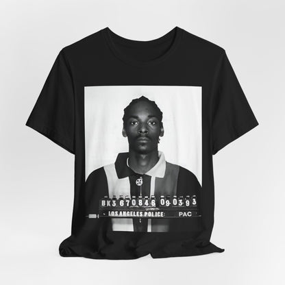 A black graphic t-shirt featuring a graphic of Snoop Dogg's mug shot.