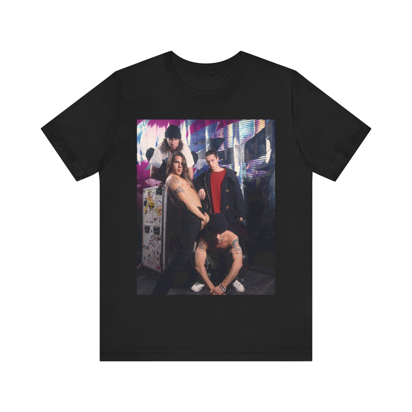 A black graphic t-shirt featuring a 90s alt-rock aesthetic graphic of Red Hot Chili Peppers.