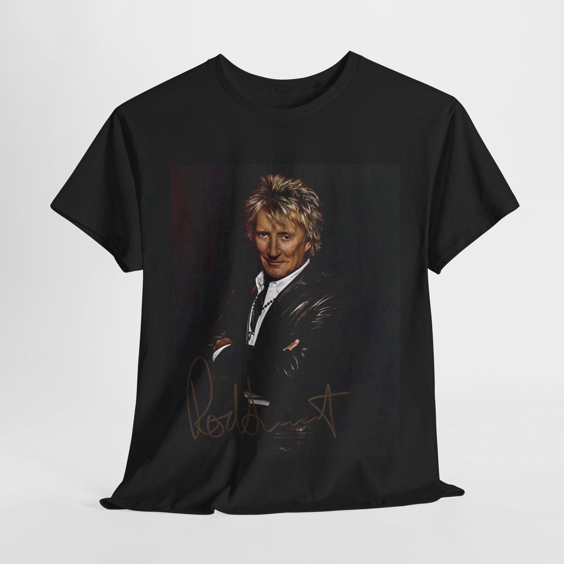 A black graphic t-shirt featuring a signature graphic of Rod Stewart.
