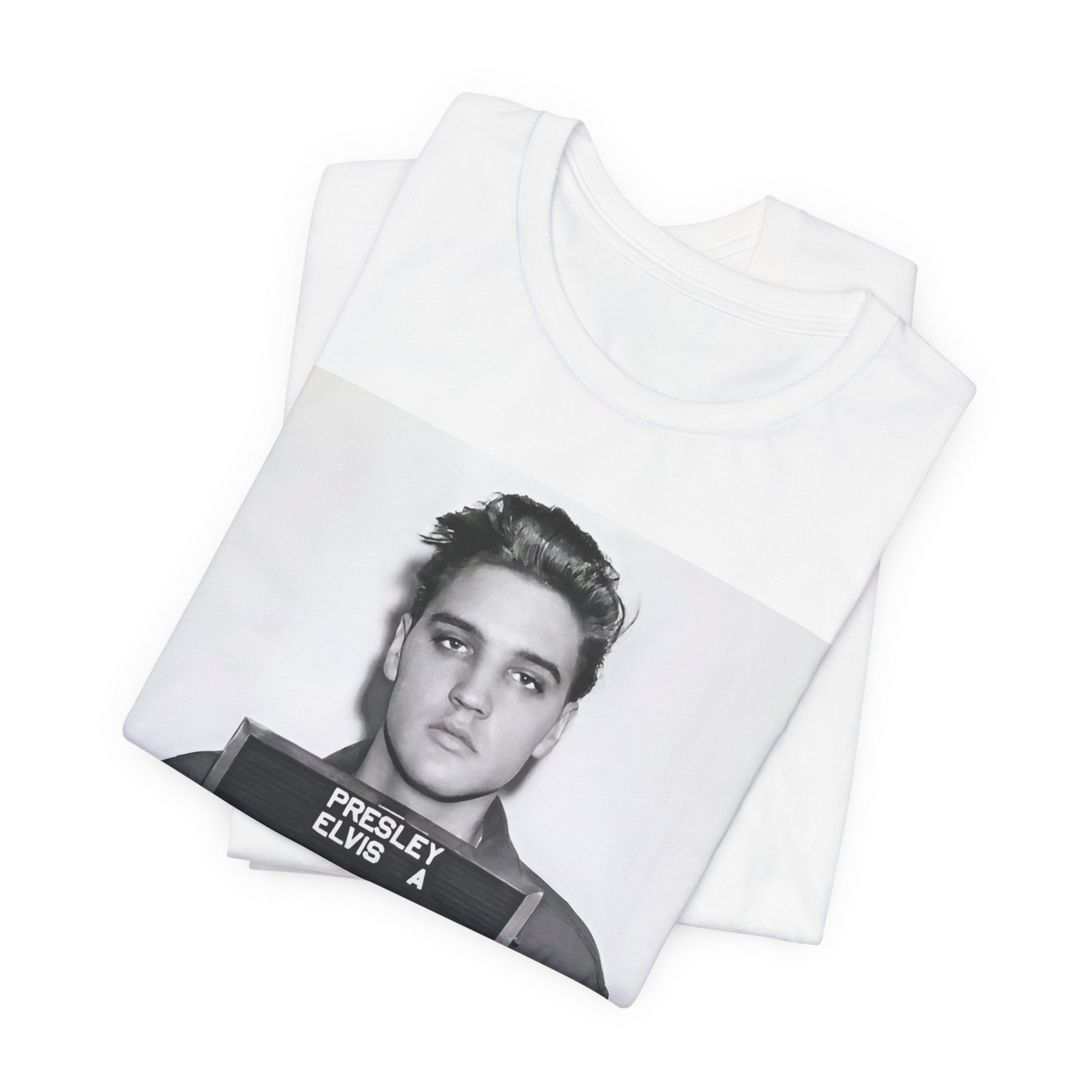 A black graphic t-shirt featuring a retro mugshot photo of Elvis Presley.