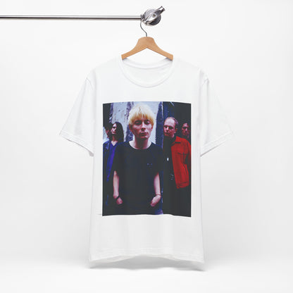 A black graphic t-shirt featuring a graphic of Radiohead as unapologetic art rock icons.