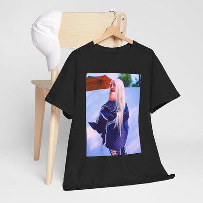 A black graphic t-shirt featuring a photo of Ava Max in a stylish pose, showcasing her elegance.