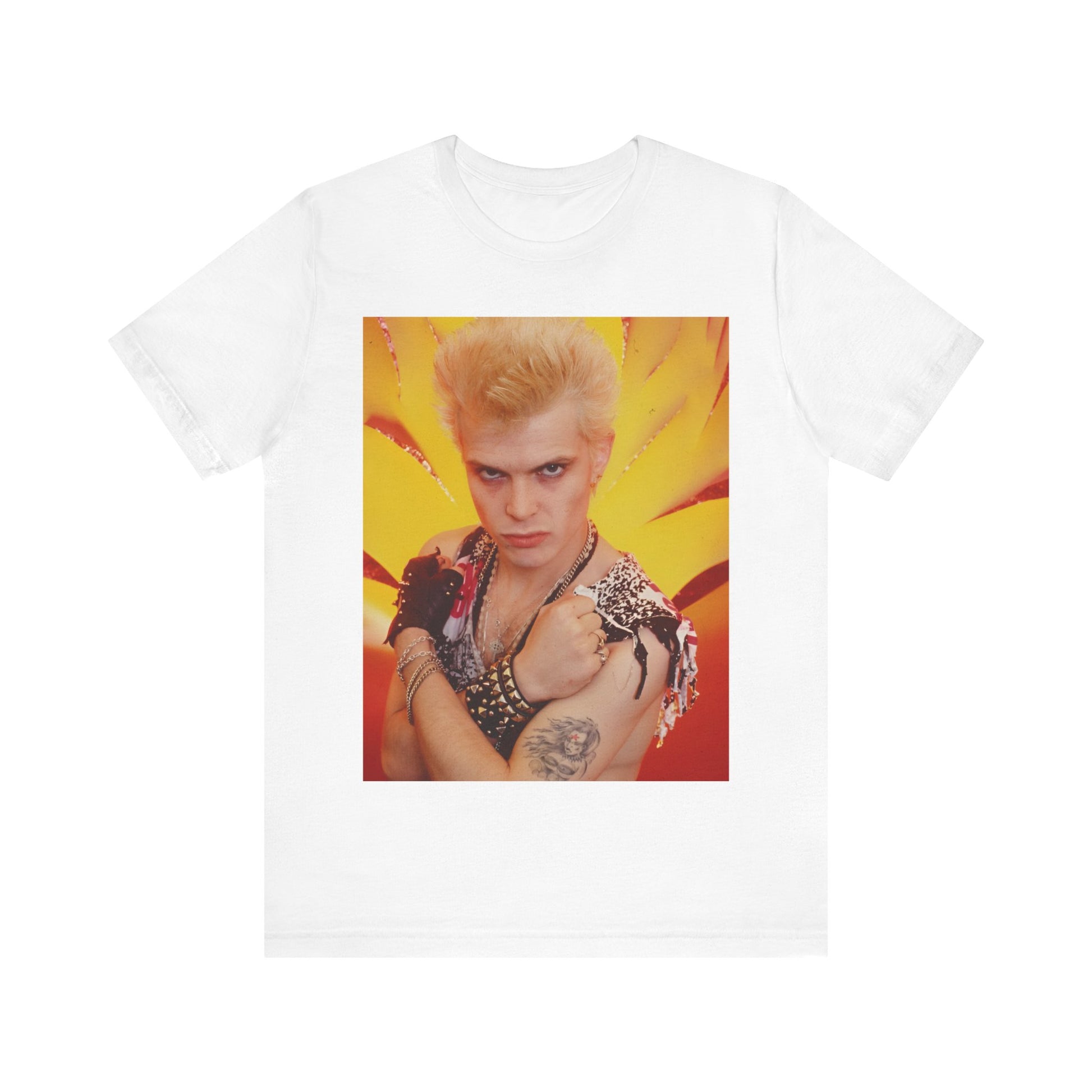 A black graphic t-shirt featuring an 80s old-school merchandise-style graphic of Billy Idol, possibly with stylized text or imagery.