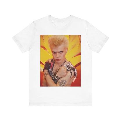 A black graphic t-shirt featuring an 80s old-school merchandise-style graphic of Billy Idol, possibly with stylized text or imagery.