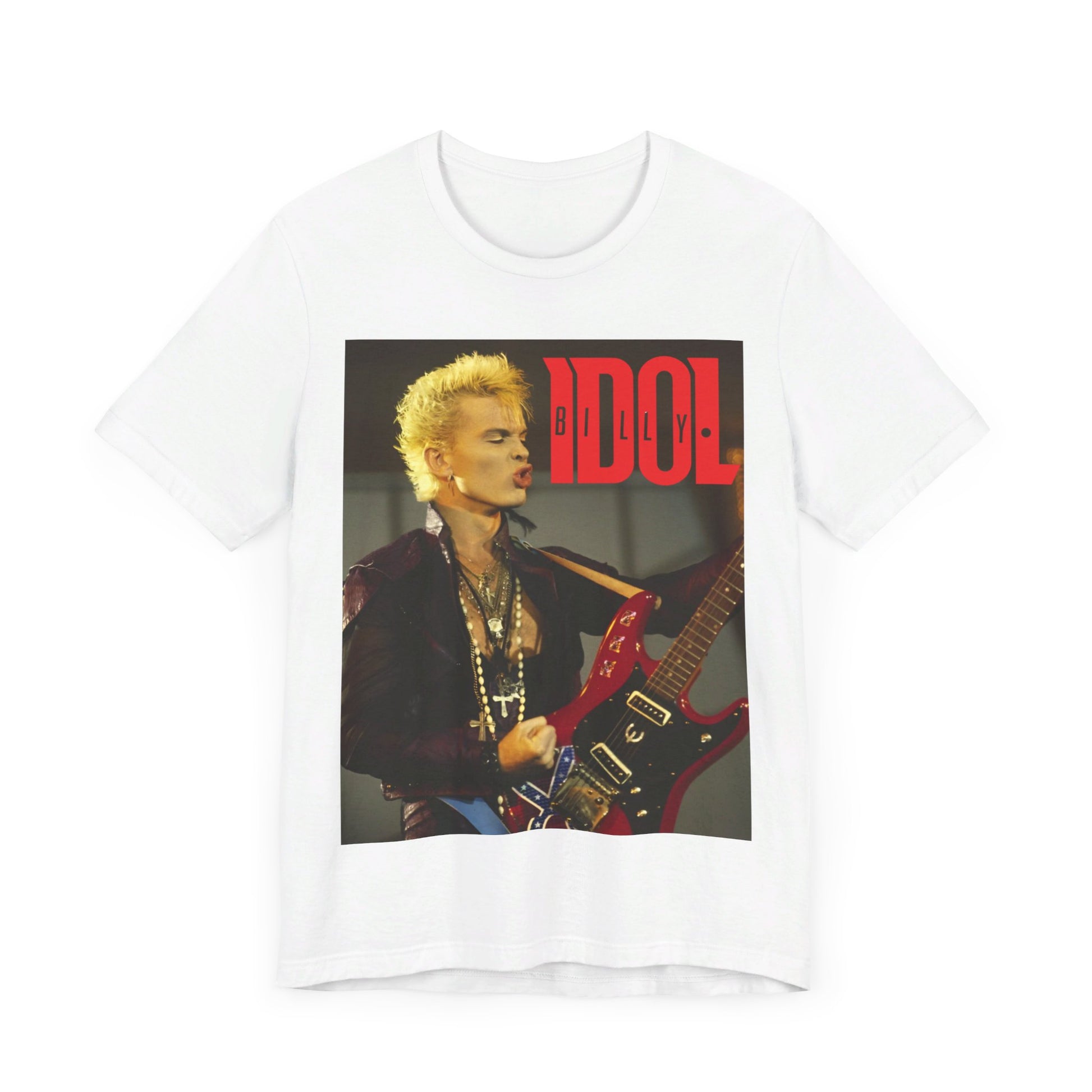 A black graphic t-shirt featuring a retro 80s tour graphic for Billy Idol, possibly with concert imagery or band members in action.