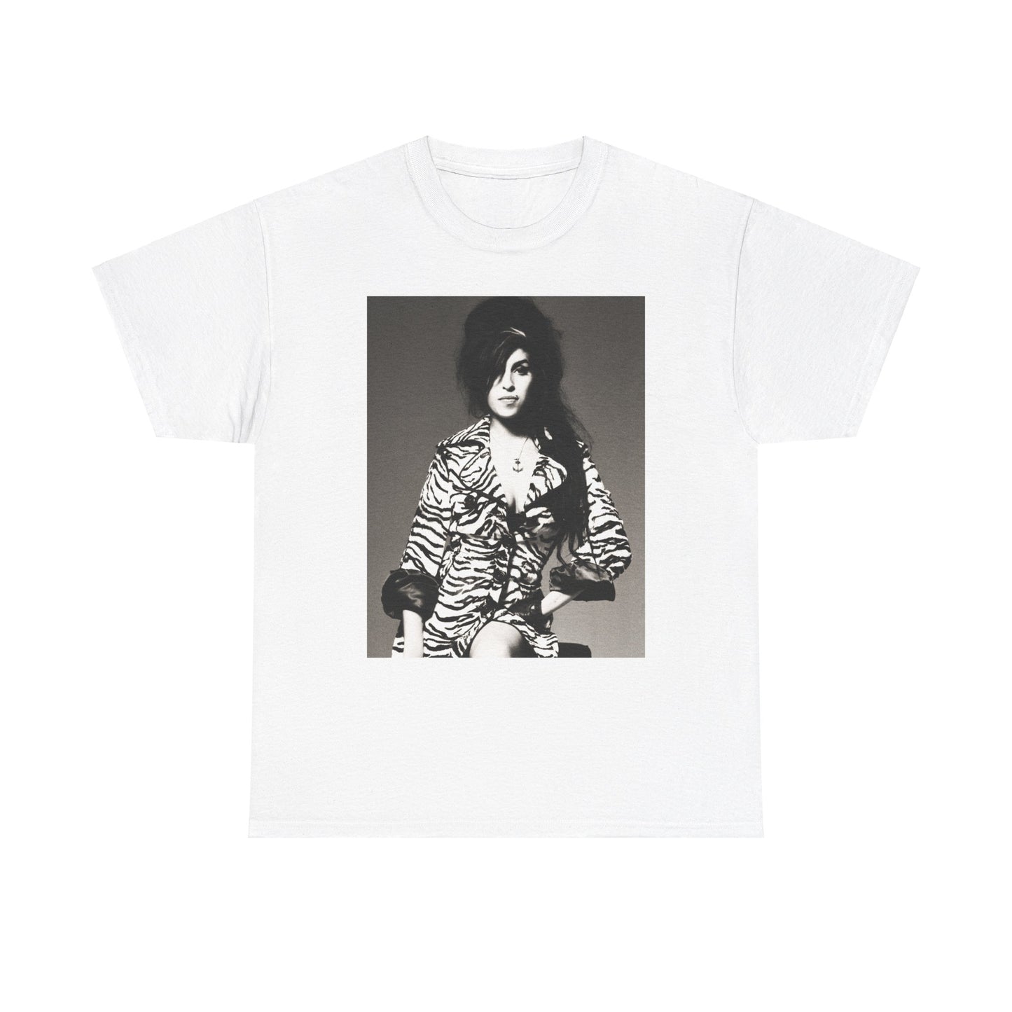 A black graphic t-shirt featuring a vintage black and white portrait of Amy Winehouse, showing her with her signature beehive and soulful expression.