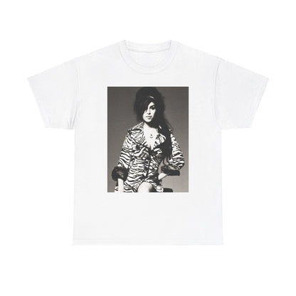 A black graphic t-shirt featuring a vintage black and white portrait of Amy Winehouse, showing her with her signature beehive and soulful expression.