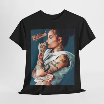 A black graphic t-shirt featuring a graphic related to Kehlani's 'Gangsta' song from the Suicide Squad era.