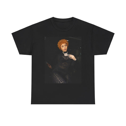 A black graphic t-shirt featuring a graphic of Ice Spice with her classic curly red hair, designed with an aesthetic style.