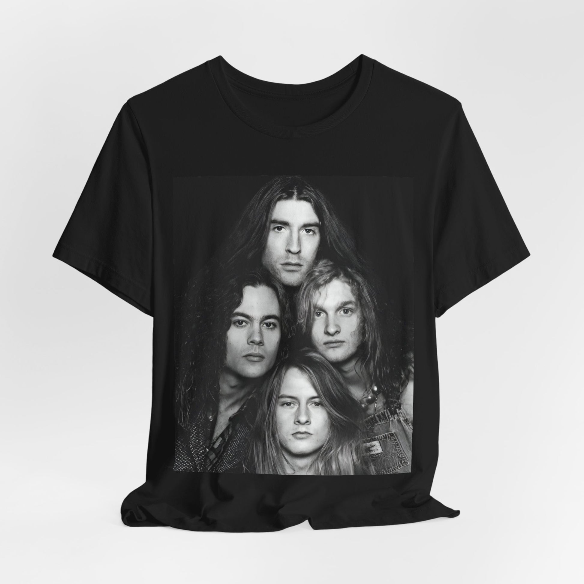A black graphic t-shirt featuring a black and white graphic related to Alice In Chains' 90s 'Facelift' album era, possibly with band members in a stylized design.